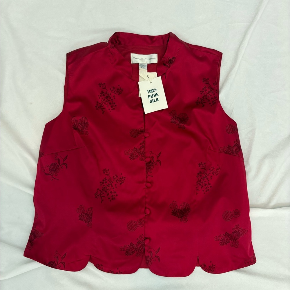 Casual Corner Red Silk Floral Sleeveless Blouse